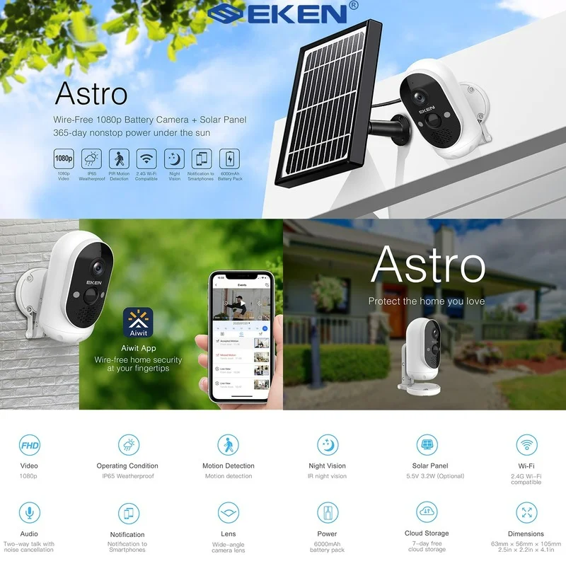

Миниатюрная IP-камера EKEN Astro с солнечной панелью, 1080p, IP65, Wi-Fi