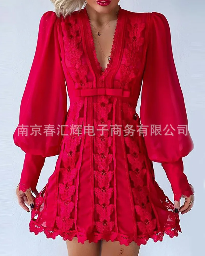 

European and American white V-neck lace dress women's clothing