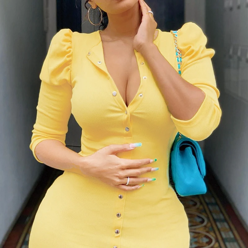 

Knitted Puff Sleeve Women Bodycon Dress Button Puff Sleeve Summer Dresses Female Elegant Party Short Vestidos