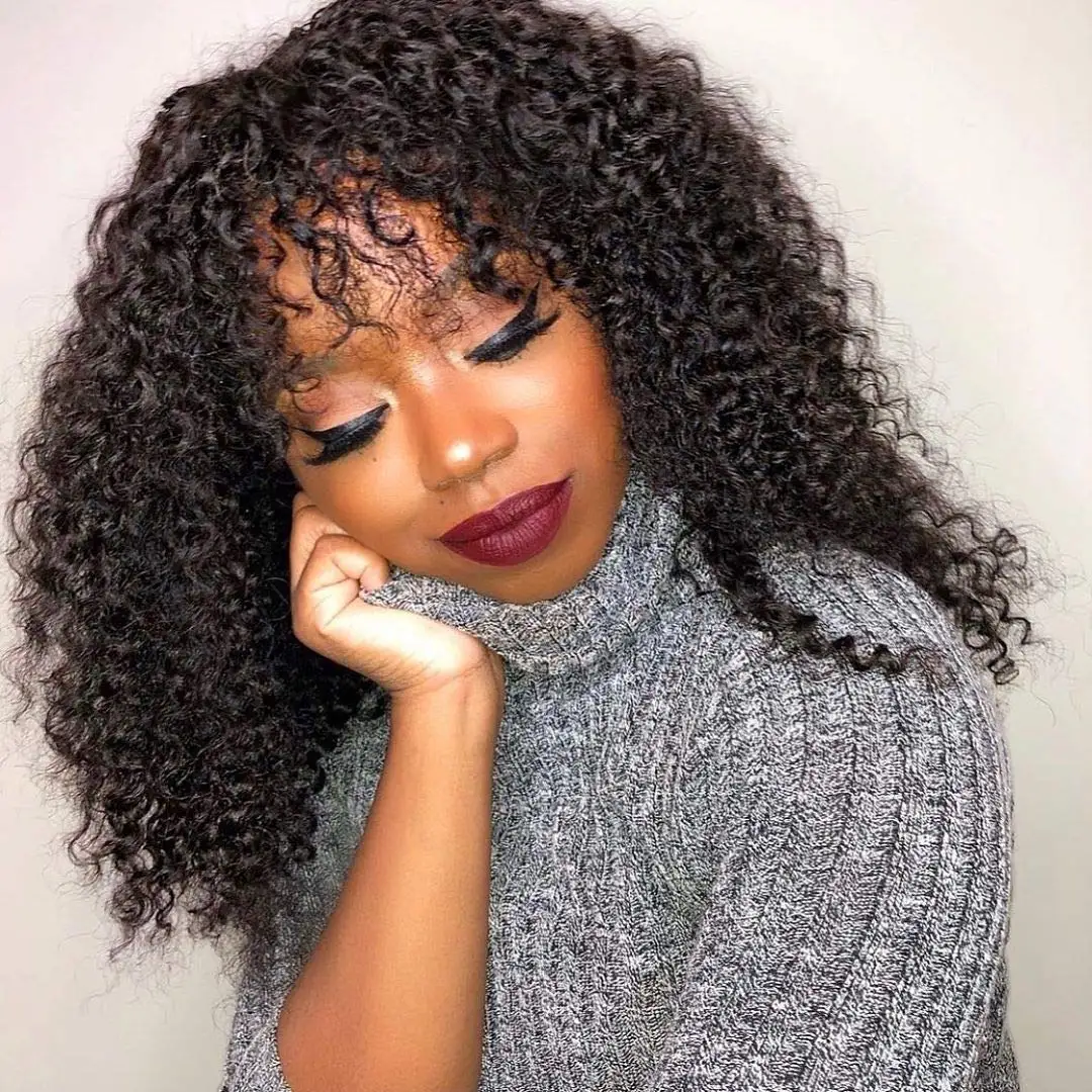 Kinky Curly Wigs With Bangs Brazilian Virgin Human Hair None Lace Front Wigs Human Deep Curly Wigs Full Machine Made Wigs