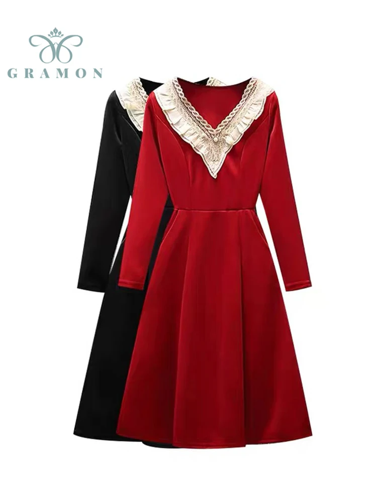 

Woman Solid Color Dress Autumn Winter French Fashion Vintage Fashion Long Sleeve Lace Patchwork Plus Size A-line Mujer Vestidos
