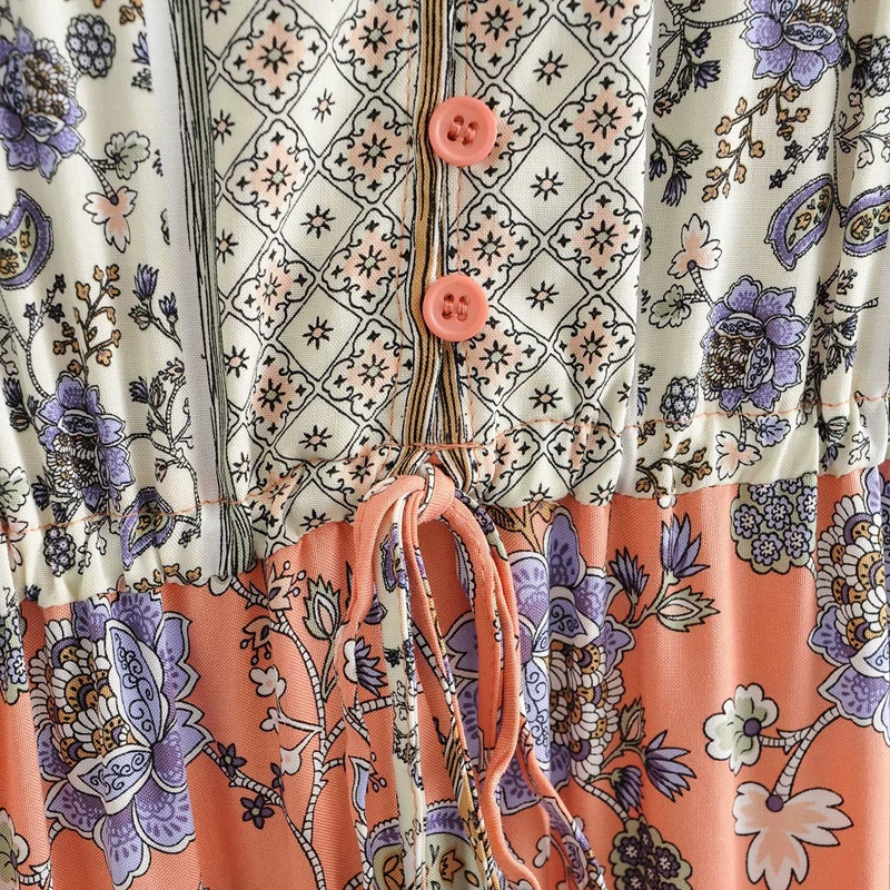 

V Neck Sexy Boho Dress Short Petal Sleeve Print Cotton Long Dresses for Women Bohemian Drawstring Boho Summer Dress Vestidos