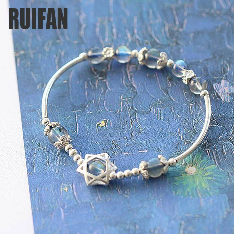 

Ruifan Lucky Charm Hexagram Natural Gray Moonstone Blue Light Bracelet 925 Sterling Silver Female Bracelets Women Jewelry YBR032