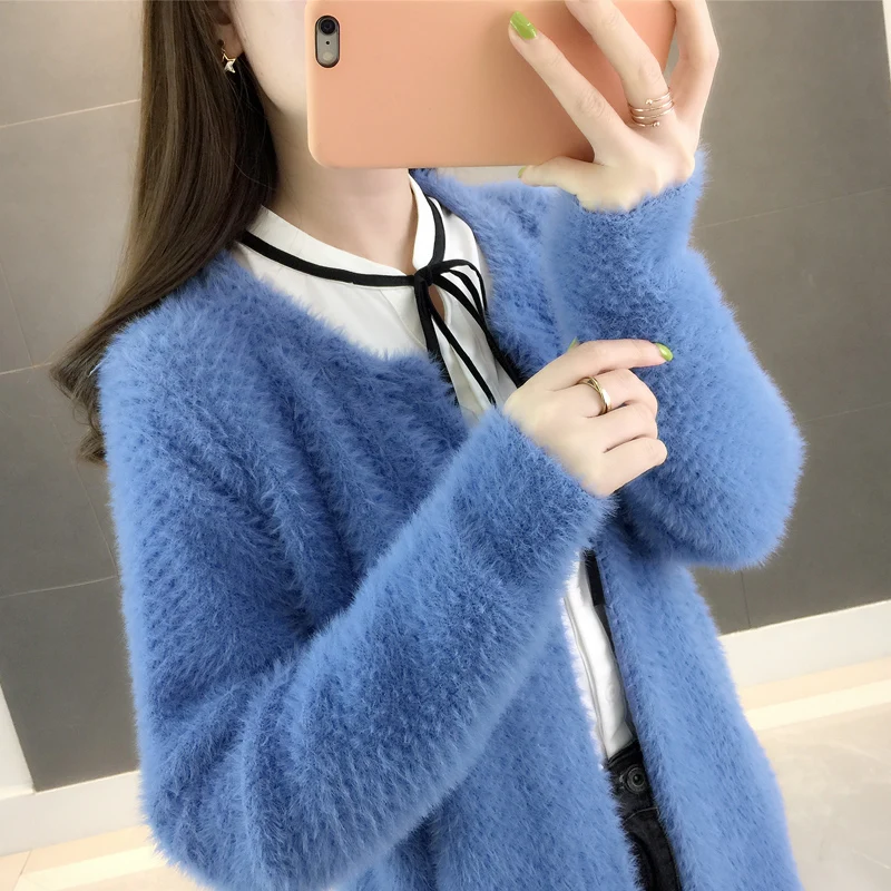 Light blue Женский свитер длинный кардиган толстый мохер зима Рождество свободный осенний шерстяной бархат мода Кашемир мягкая теплая куртка - Цвет: Light blue