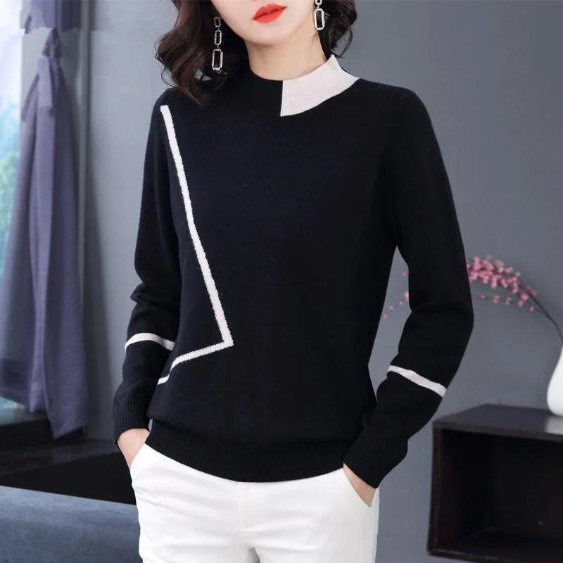 

Sweater Spring Autumn Women Splice Korean Pullover Knitwear Loose Elegant Ladies Fashion Casual Half High Collar Top TT0074