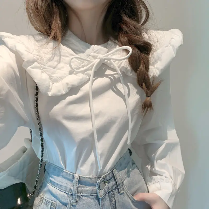 

Korean Style Soft Cotton Doll Collar Sweet Shirt Vintage Casual Elegant Tops Solid Long Sleeve Bow Loose White Blouses 12634