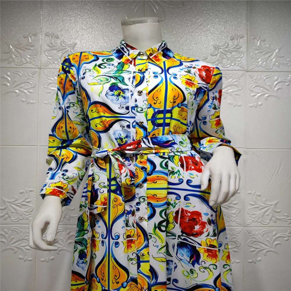 

Fashion Summer Clothing Casual Muslim Printing Dress for Women Long Sleeves Lapel Floor Length Elegant Wholesale Dropshipping