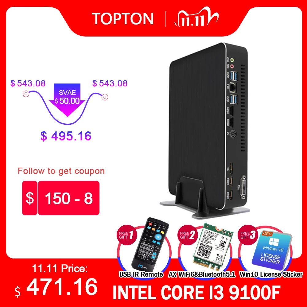 Игровой настольный мини ПК GeForce GTX1650 4 Гб GDDR6 i9 9900 Win10 Micro компьютер NVMe 2 * HDMI2.0 DVI DP AC