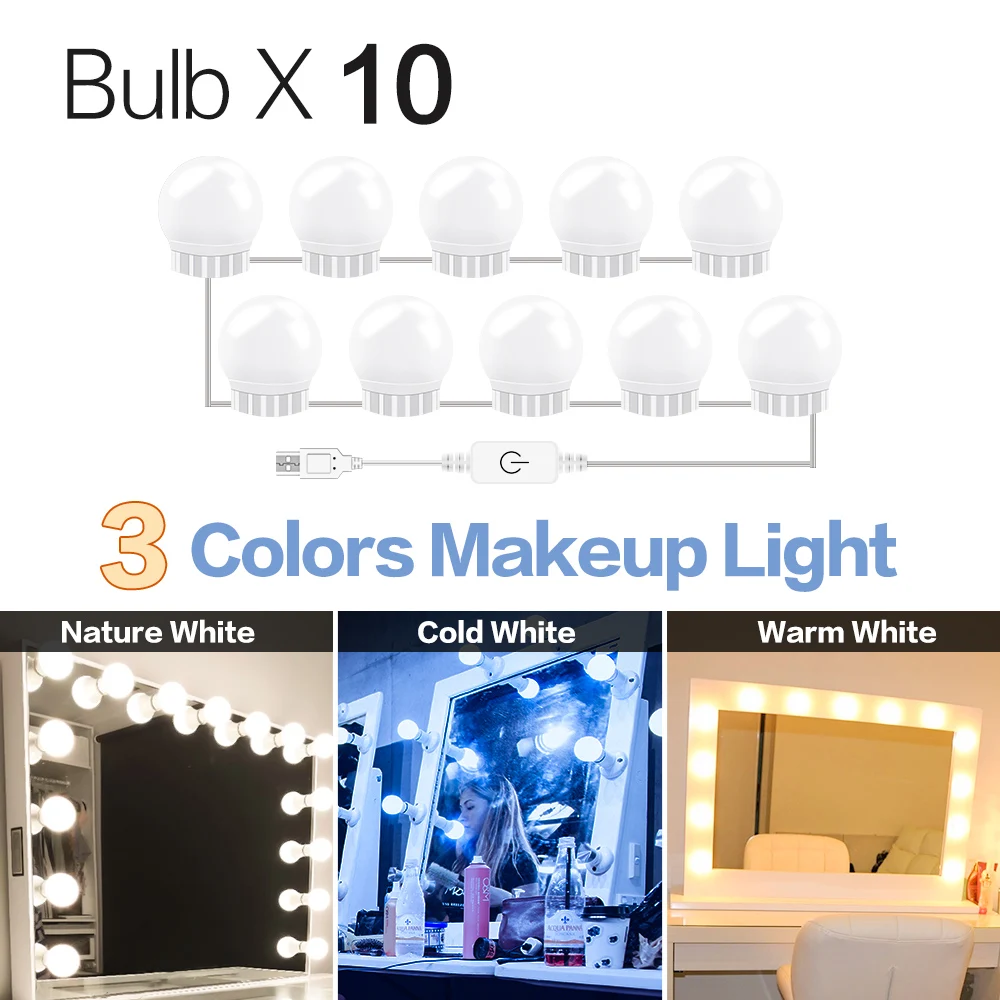 3 Colors 10 Bulbs CanLing светодиодный 12 В макияж лампа 6 10 14 лампы Комплект для туалетный столик Плавная регулировкая яркости Голливуд LED-подсветка маленького зеркала Вт 16 20 - Цвет абажура: 3 Colors 10 Bulbs