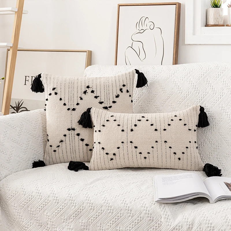 

Tassel Cushion Cover 45X45Cm/30X50Cm Beige Stripes Fashion Simple Home Decoration Plush Pillowcase Living Room Sofa Bedroom