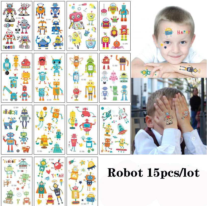 

15 шт./компл. Водонепроницаемый, Временные татуировки, наклейки с рисунком робота из мультфильма Переводные искусственные татуировки золото...