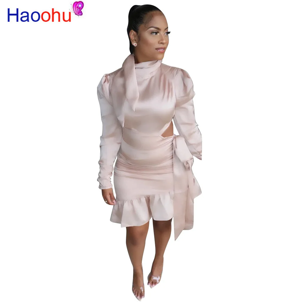 

HAOOHU Bow Tie Turtleneck Ruffle Office Lady Dress Hollow Out Puff Long Sleeve Ruched Slim Mini Dress Business Work Uniforms
