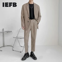 iefb high quality new summer mens plaid print vintage two piece suit set for men 2021 single breasted long sleeve blazer 9y8069