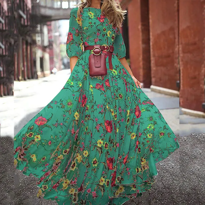 Платье женское с цветочным принтом свободный сарафан в богемном стиле до