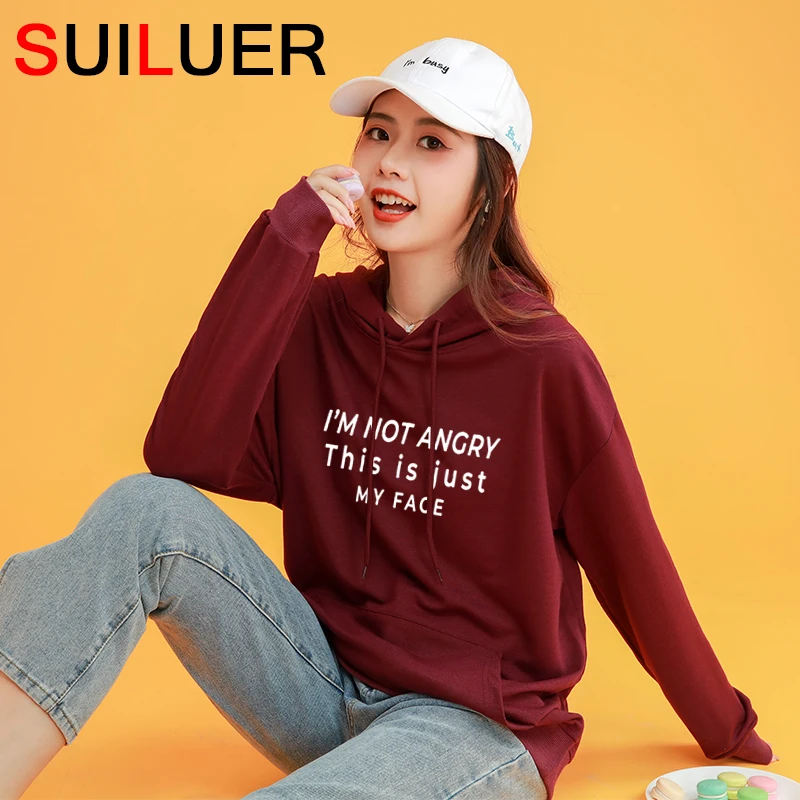 

I'm Not Angry This Is Just My Face Letter Print Hoodies Women 100% Cotton Sweatshirts Loose Women Loose Pullovers Tops SL588-01