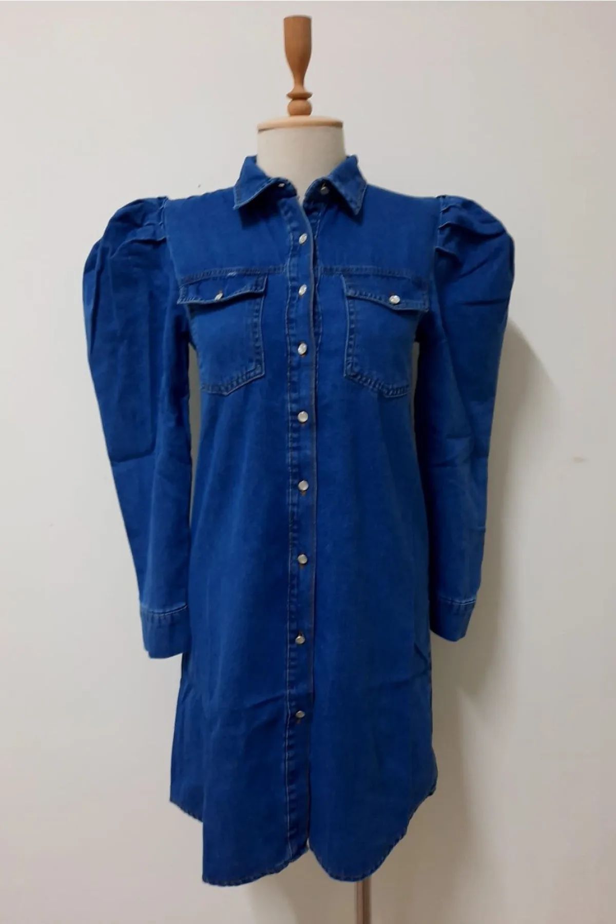 

Balloon Sleeve Blue Denim Tunic Dress-Blue