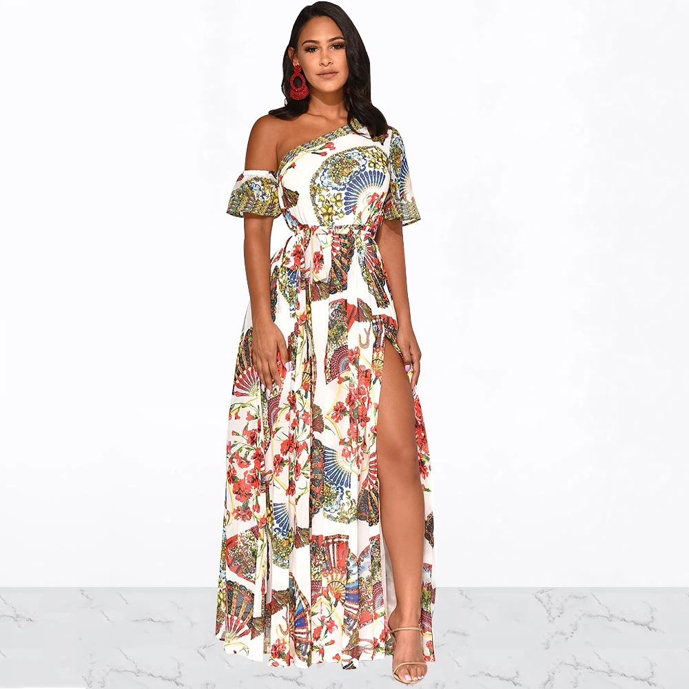 Летнее Элегантное повседневное платье с цветочным принтом на одно плечо и
