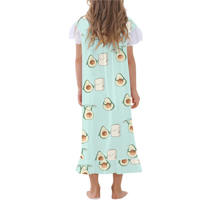 

Girls Summer Nightdress, Children Avocado Print Short Sleeve Round Neck Lace Trim with Bowknot