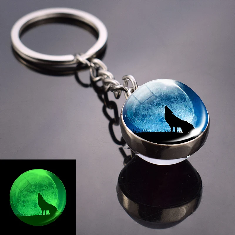 As show 16 Glow in Dark Jewelry Howling Wolf Keychain Wolf Luminous Glass Cabochon Pendant Keyring Double Side Glass Ball Keychain - Цвет: As show 16