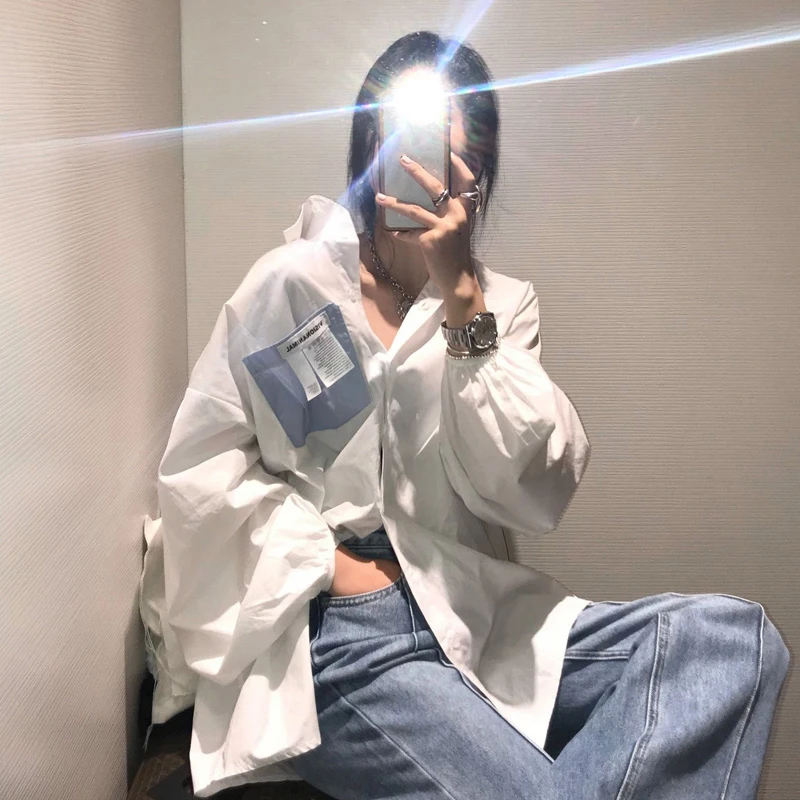 

Женская рубашка для защиты от солнца, новинка весны и лета, шикарная Свободная рубашка в стиле бойфренда контрастных цветов с карманами и на...