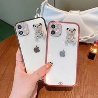plating transparent little bear glitter diamond soft phone case for iphone 13 12 11 pro mini xr x xs max 7 8 plus se 20 cover