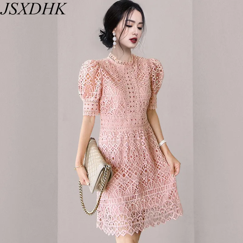 

JSXDHK Korean Fashion Designer Summer Pink Lace Dress Elegant Women Stand Collar Puff Sleeve Hollow Out Female Hook Floral Dress