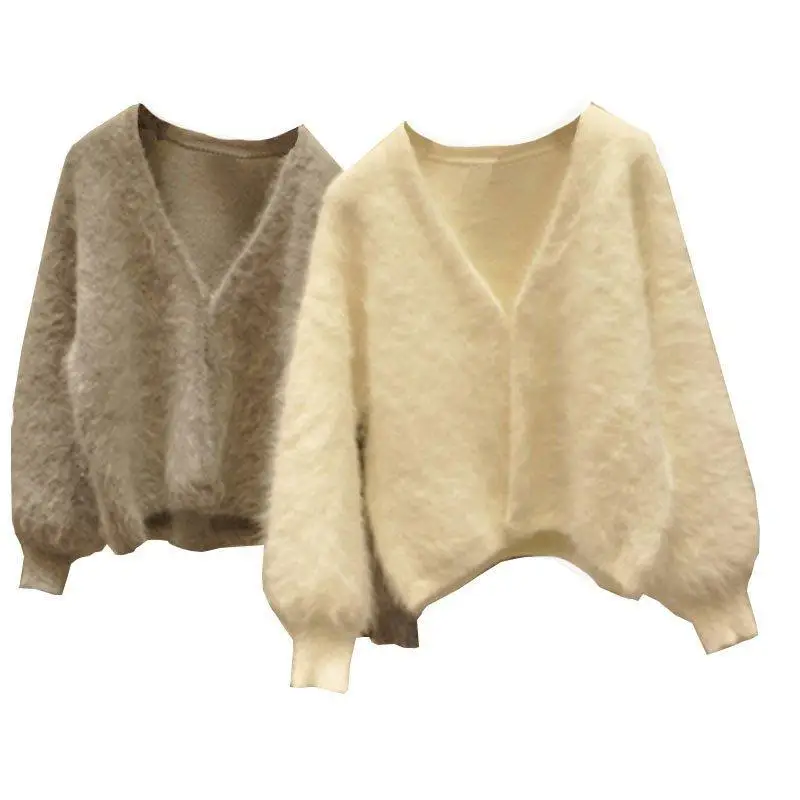 

Pullover Knitted Sweater 2020 Autumn Winter Women's Tops V-neck Solid Color Lantern Sleeves Casual Style Fashion All-match