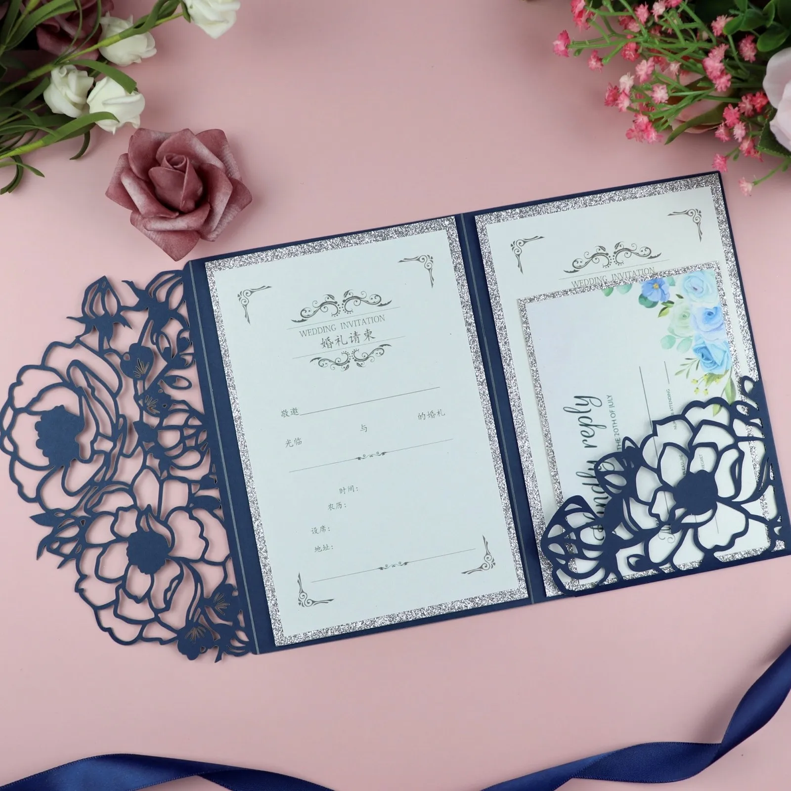 

3D Navy Blue Greeting Card Laser Hollow Postcard Wedding Invitation Holiday Student Business Event Party Invitation Card