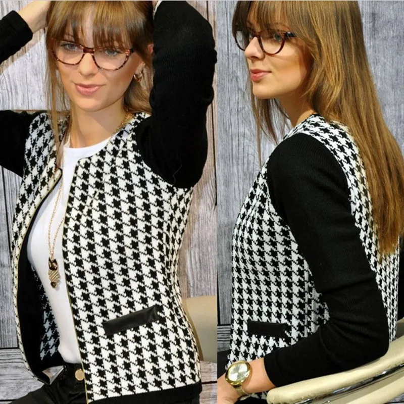 

Leosoxs Autumn Winter New Fashion O Neck Women's Jacket Casual Slim Houndstooth Patchwork Zipper Long Sleeve Ladies Jackets Coat