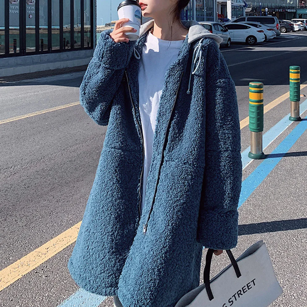 

Бархатная куртка из ягненка, Женская осенне-зимняя новая корейская мода, пальто средней длины с хлопковой подкладкой, пальто с капюшоном ...