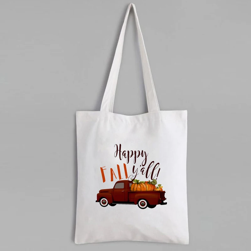 

Happy Fall Y'all! Canvas Bag Cartoon Vintage Truck with Pumpkins Shopping Bags Eco Friendly Products Women Bag Reusable Vintage