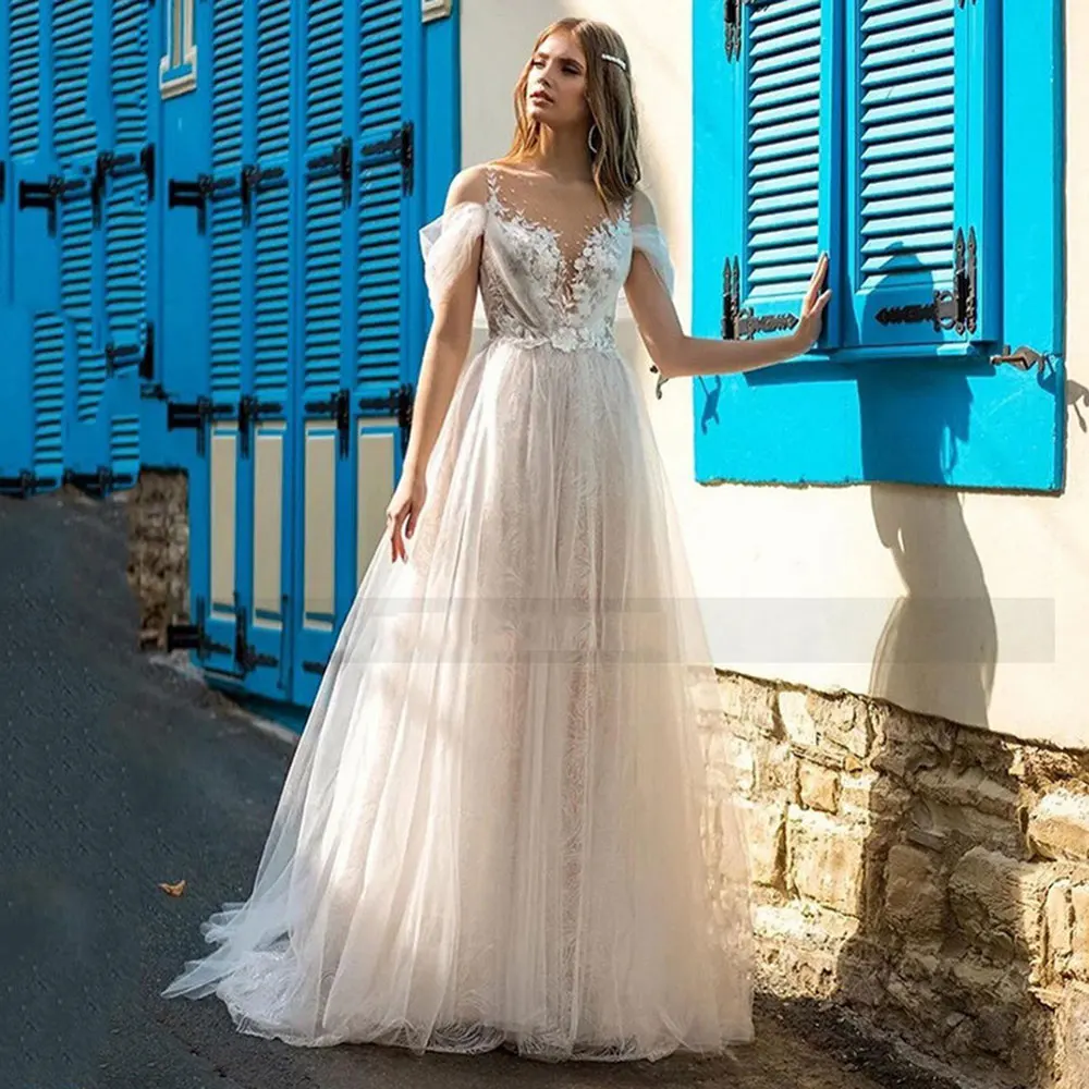 

Vintage A-Line Boho Wedding Dresses 2021 Pearls Applique Champagne Lace Wedding Gowns Rustic Custom Made Vestido de Noiva