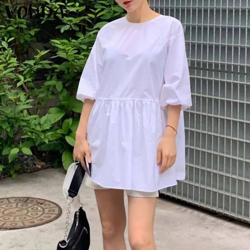 

VONDA Casual Women Elegant Dress Vintage Puff Sleeve O Neck Mini Dresses Casual Ruffled Hem Solid Color Vestido Robe Femme