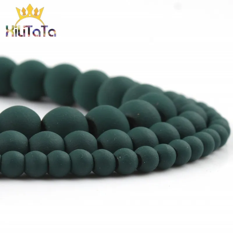 Круглые матовые бусины из натурального камня темно-зеленого цвета гематита для
