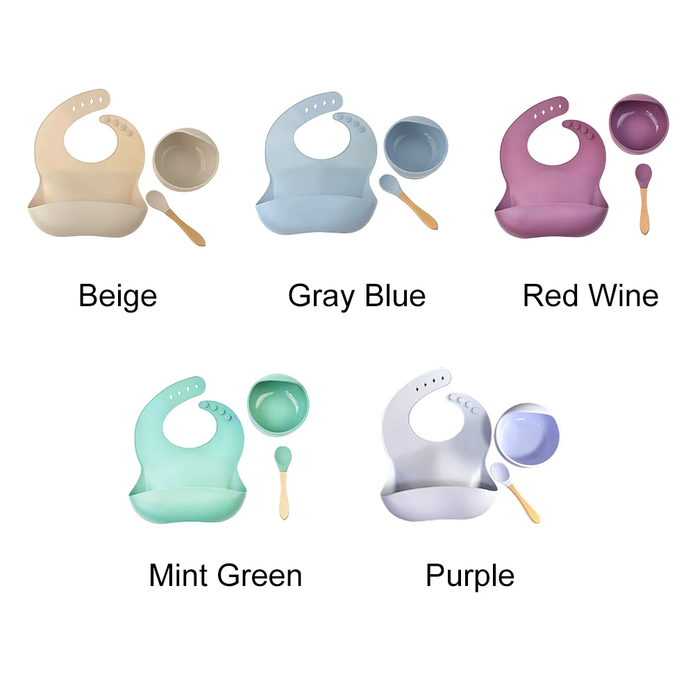 

3pcs Home Soft Easy Clean Non Silp Dining Bib Spoon Suction Bowl Adjustable Neckband Waterproof Feeding Baby Tableware Set