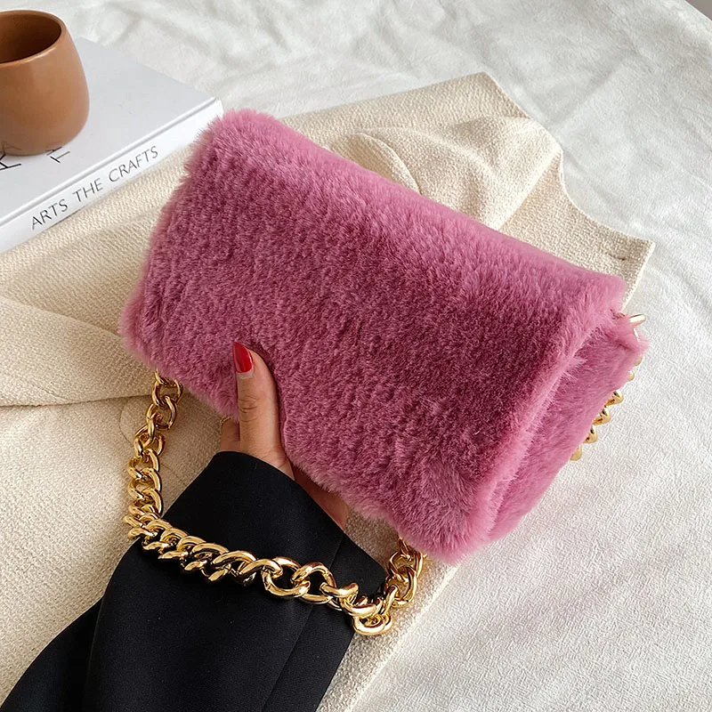 

Small Soft Faux Fur Flap Crossbody Bags with Thick Chain for Women 2022 Winter Simple Solid Color Shoulder Handbags and Purses