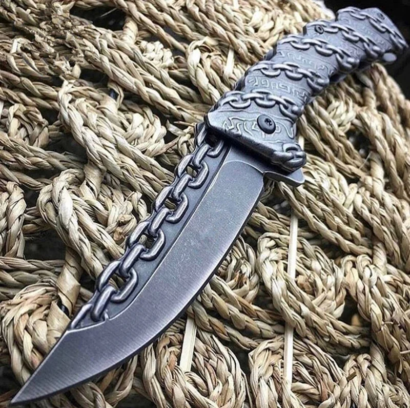 

Outdoor Tactical Folding Knife Personalized Knifes 3D Chain Carved Hunting Pocket Survival Rescue knives Stonewash Camping tools