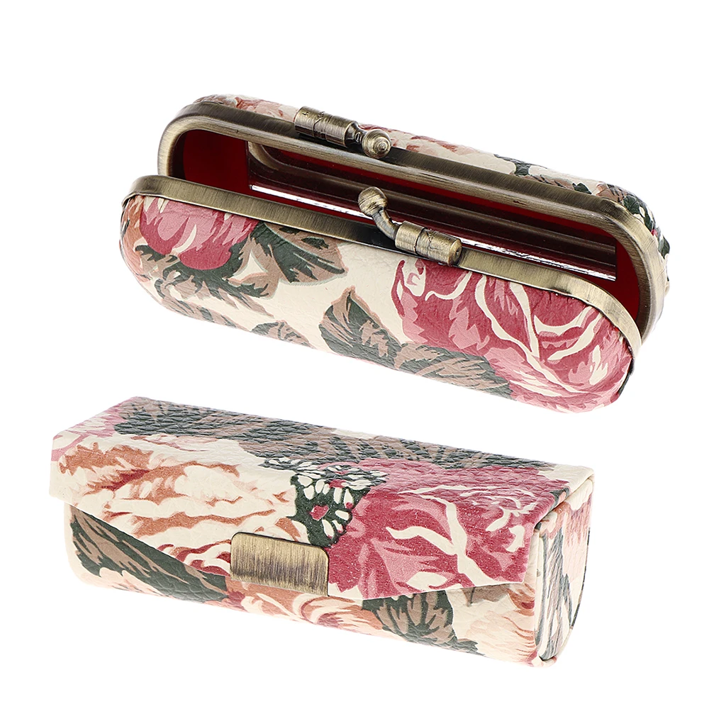 

Women Portable Lipstick Case Jewelry Holder with Mirror Peony Flower Pattern