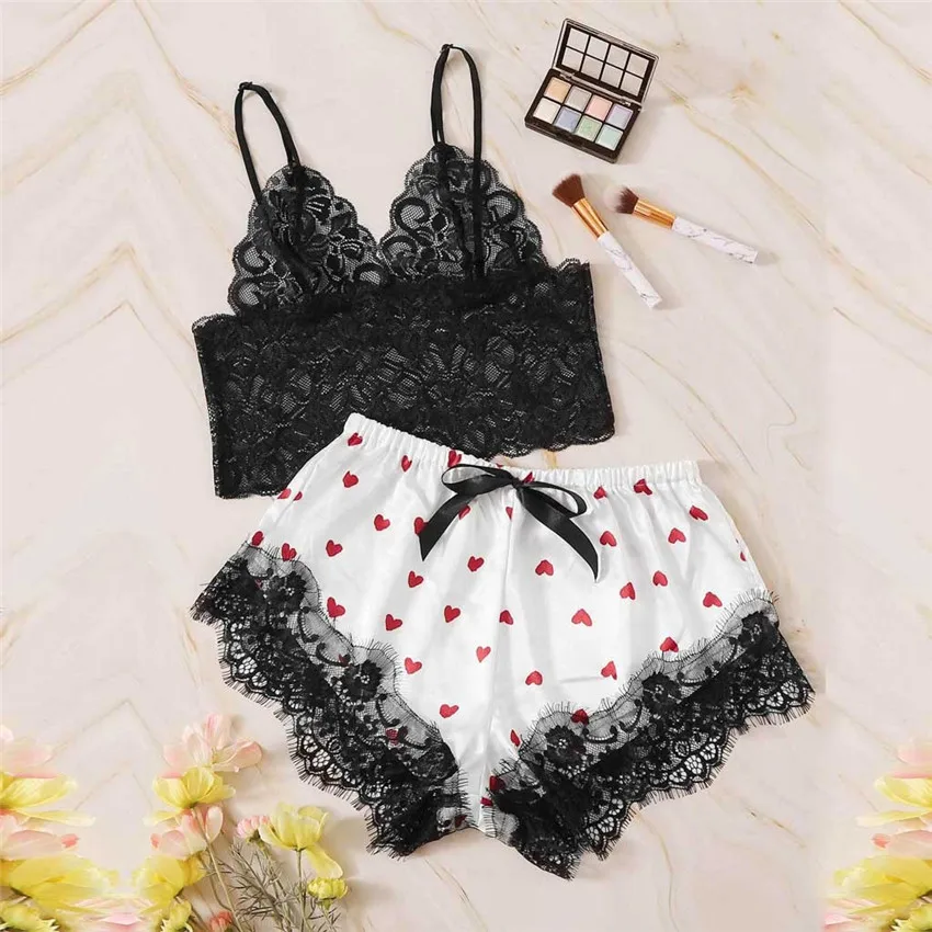 

Women Sleep Wear Sexy Lingerie Satin Lace V-Neck Camisole Shorts Set Sleepwear Pajamas Women Sexy Clothes