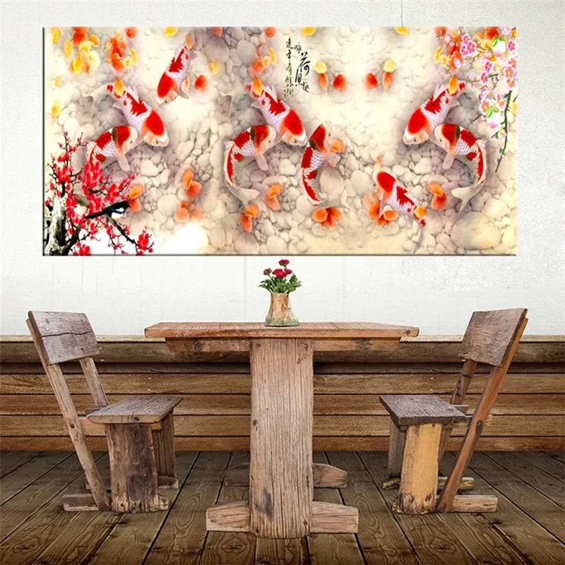 

Print Chinese Abstract Nine Koi Fish Lotus Oil Painting on Canvas Poster Feng Shui Wall Art Picture For Living Room Home Decor