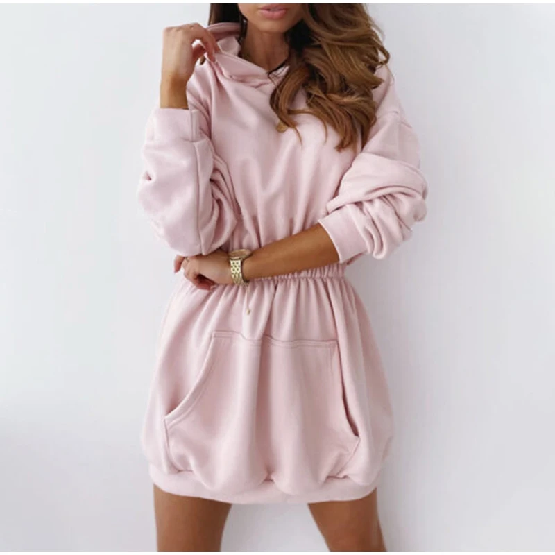 hirigin Autumn Hooded Female Sweatshirts Women Hoodies Dress Long Sleeve Pocket Elastic Waist Hoodie 2020 Streetwear Casual Lady
