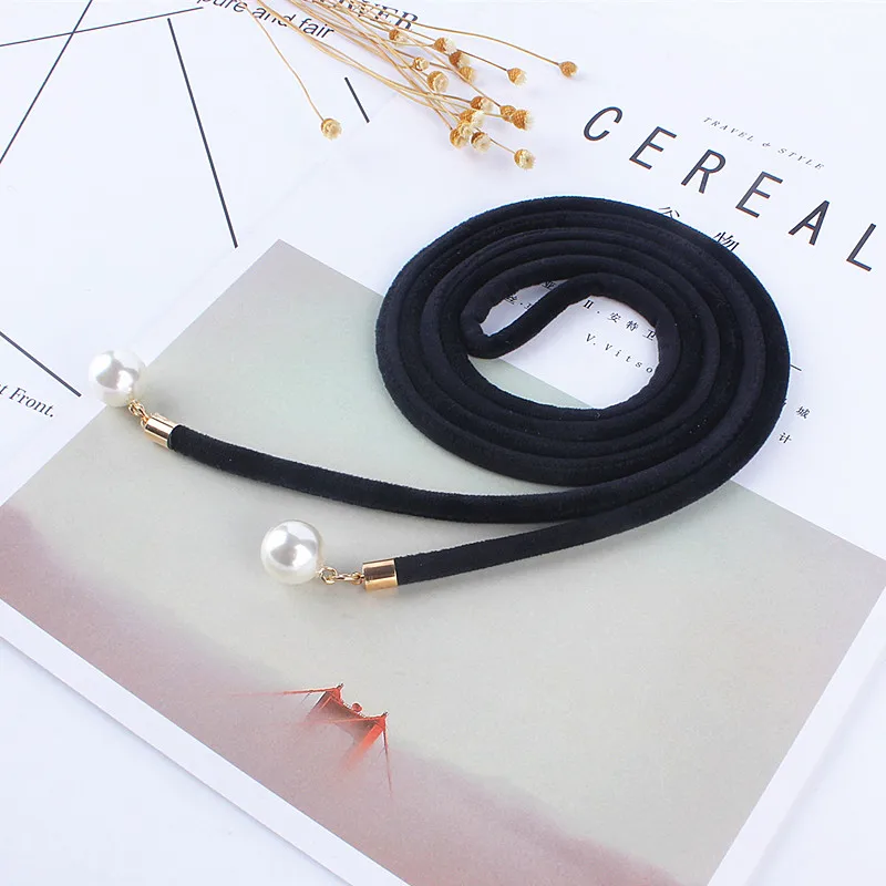 

Solid Fashion Women Tassel Knot Belt Vintage Pearl Waist Rope Fringed Waistband Girdle For Dress Female Thin Srting Femee Black
