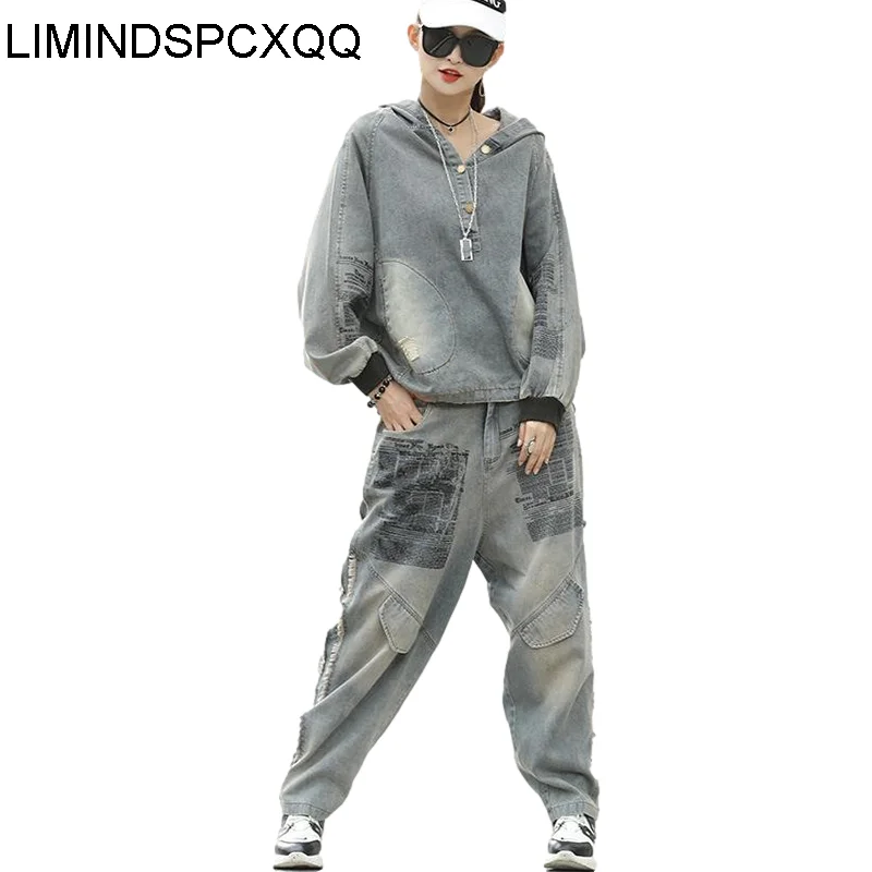 

Европейский джинсовый костюм с капюшоном и принтом, осенние женские рваные толстовки свободные джинсы Харадзюку 2021