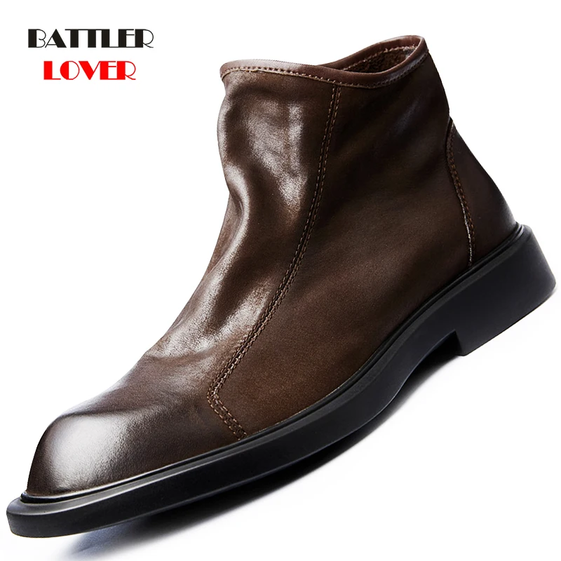 Genuine Cow Leather Boots For Men Zipper High Top Fashion Winter Warm Chelsea Boots Male Thick Bottom Motorcycle Riding Footwear