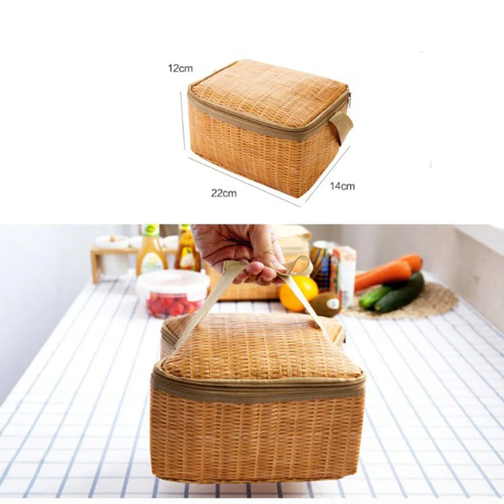 

Artificial Rattan Lunch Bags Portable Insulated Box for Picnic Camping Food Container Thermal Cooler Pouch Tote Storage Handbag