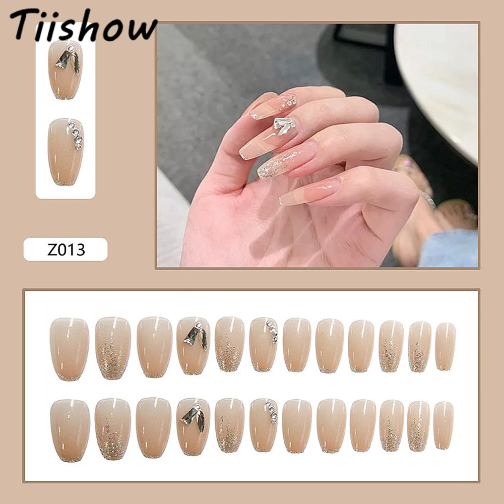 

Tiishow 24pcs Nude Sparkling Diamonds Nail Art Fake Nails Kit Jelly Gel Golden False Nail Set Wearable Full Cover Art Fake Tips