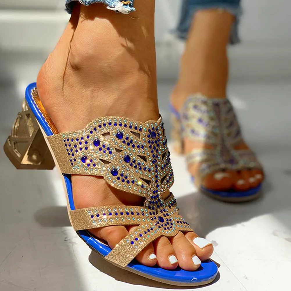 Женские шлепанцы без застежки сандалии на квадратном каблуке с кристаллами