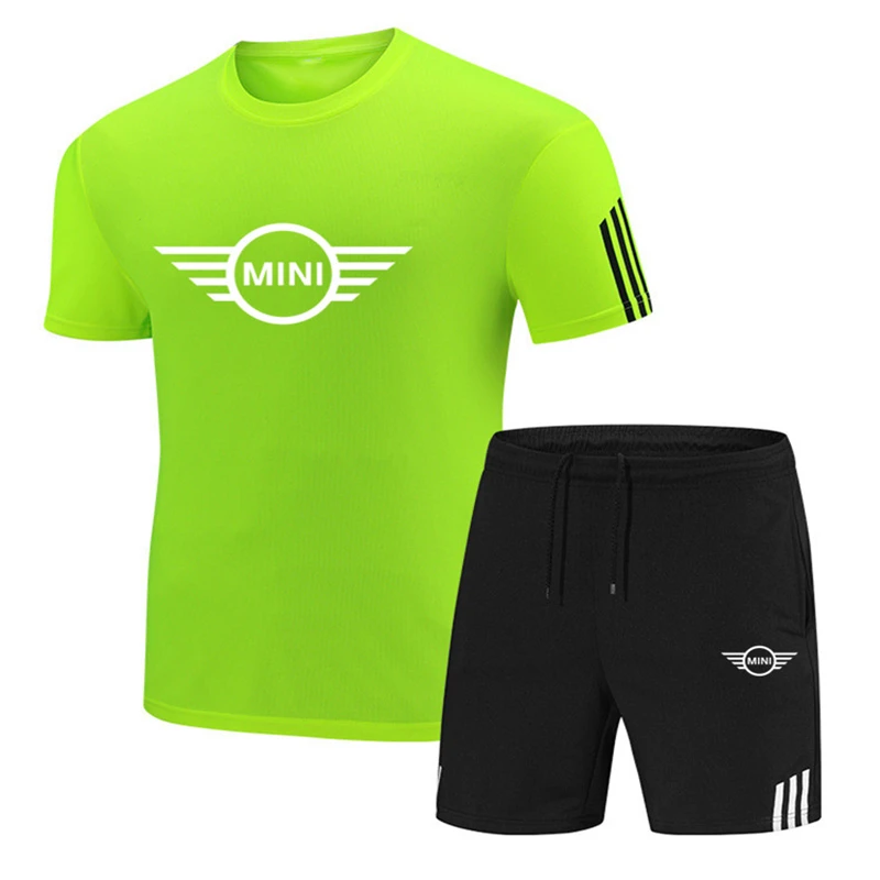 

MINI car LOGO new men's 2021 summer two-piece men's short-sleeved T-shirt + shorts suit sportswear fitness running suit