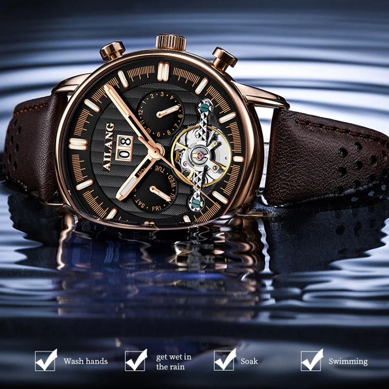 

Leather Men Mechanical Clock Automatic date Waterproof Business Classic with hollow style reign clocks