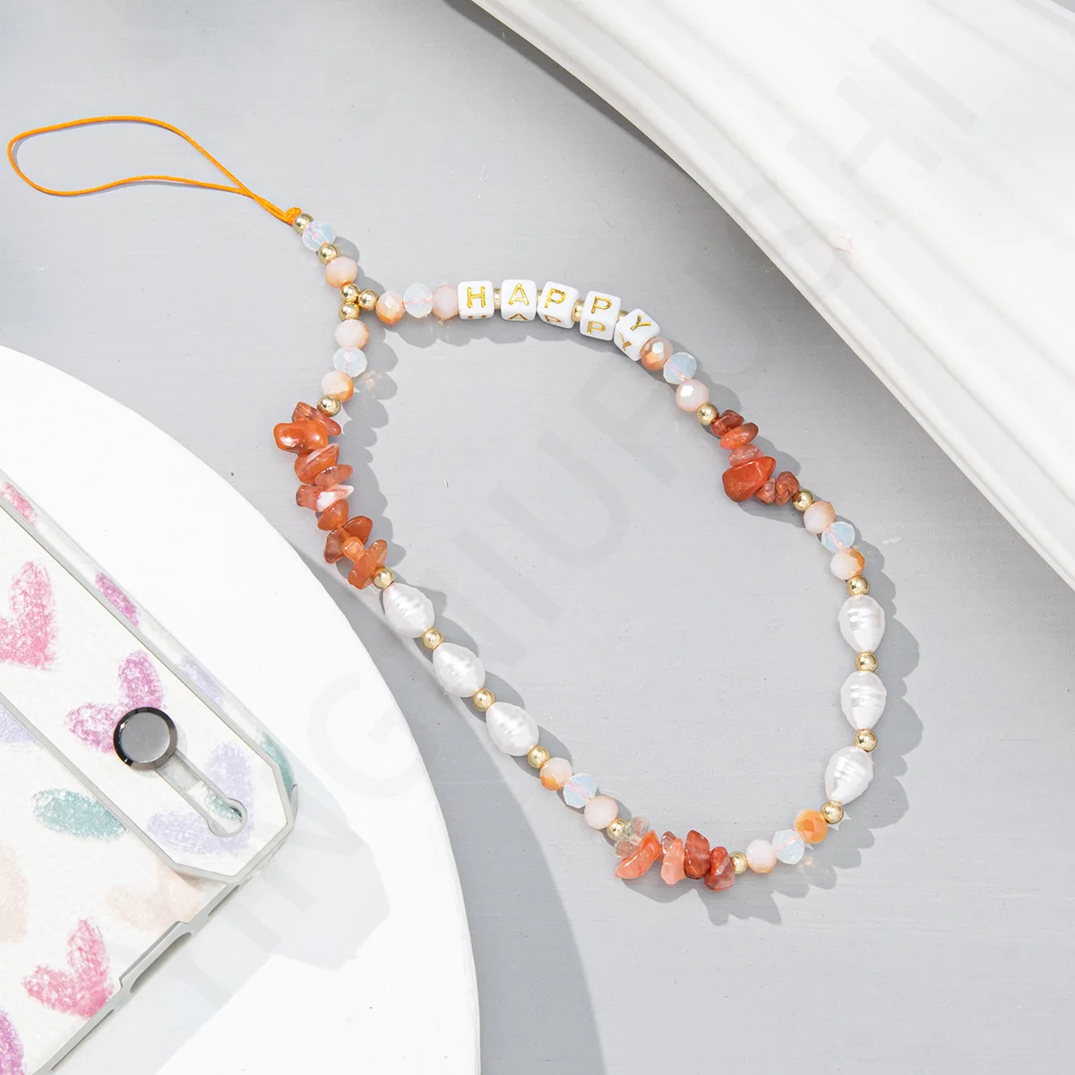 fashion new gravel pearl phone chain women creative happy letter beaded mobile phone case lanyard hanging cord jewelry girl gift free global shipping